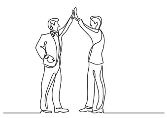 continuous line drawing of business situation - two men doing high five