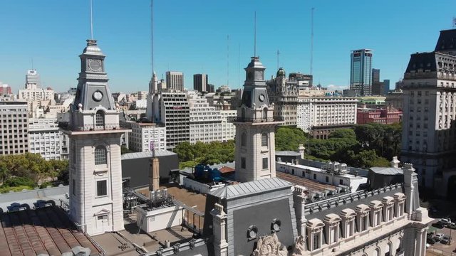 Aerial drone view of historic Aduana Customs building in Buenos Aires, Argentina