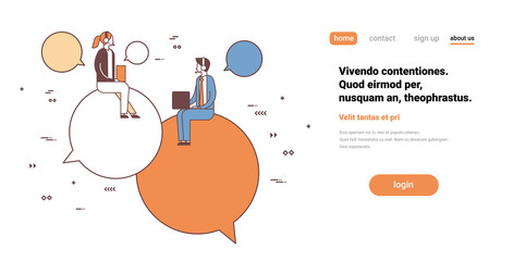 couple businesspeople operators using laptop sitting chat bubble support service communication male female cartoon character full length horizontal copy space line