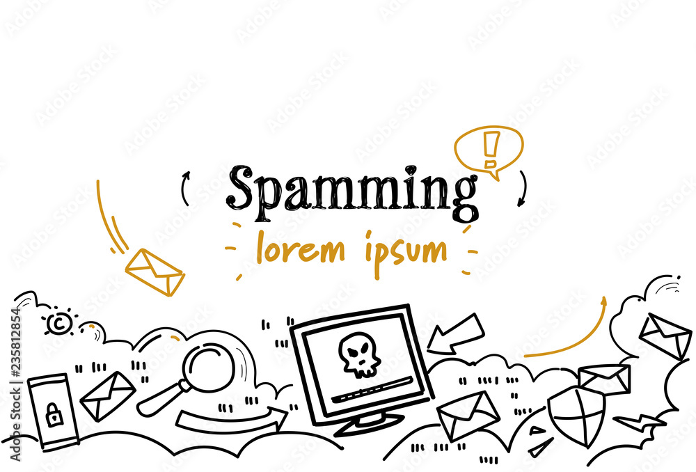 Poster email box hacking spam warning mailbox spamming concept sketch doodle horizontal isolated copy space