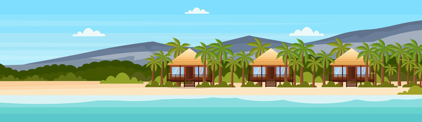 tropical island with villa bungalow hotel on beach seaside mountain green palms landscape summer vacation concept flat horizontal banner