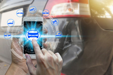 Hand use smartphone with car claim icons