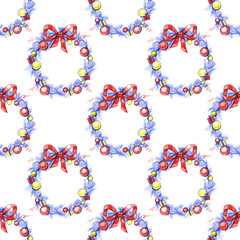 Watercolor wreath with red berries and bow. Pattern. Christmas wreath seamless pattern