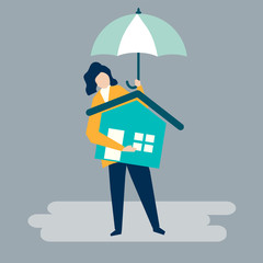Character of a woman and residential insurance concept illustration