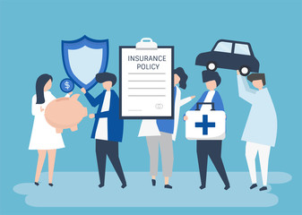 Characters of people holding insurance icons illustration