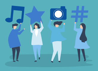 Characters of people holding social media icons illustration