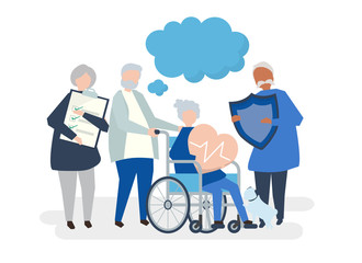Characters of senior people holding healthcare icons illustration - obrazy, fototapety, plakaty