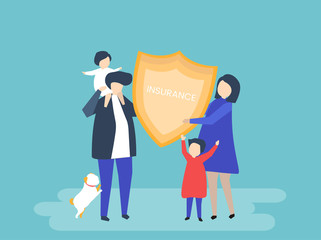 Character of a family holding an insurance illustration