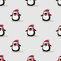 Vector illustration of seamless cute penguin cartoon character with shadow, hand draw style on grey background.