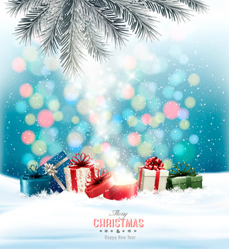 Christmas holiday background with colorful presents and magic box. Vector.