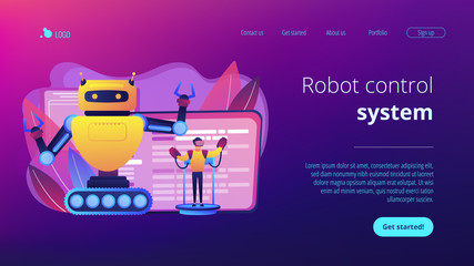 Engineer controlling big robot with remote technology. Remotely operated robots, robot control system, manipulation robotic system concept. Website vibrant violet landing web page template.