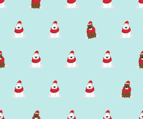 Seamless pattern, vector illustration of cute bear cartoon character sitting, wearing red scarf and hat on light green background.