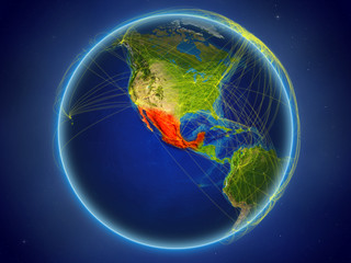 Mexico from space on planet Earth with digital network representing international communication, technology and travel.