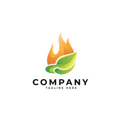 3D modern nature energy logo, fire flame and green leaf vector icon
