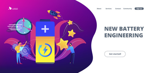 Engineers with battery charging and stars with rocket. Fast charging technology, fast-charge batteries, new battery engineering concept. Website vibrant violet landing web page template.