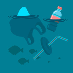 Used plastic bag, bottle and soft drink container straw floating on a calm ocean with fish polluting the aquatic environment. Vector flat illustration.