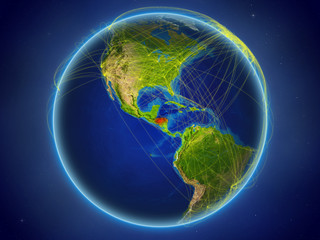 Honduras from space on planet Earth with digital network representing international communication, technology and travel.