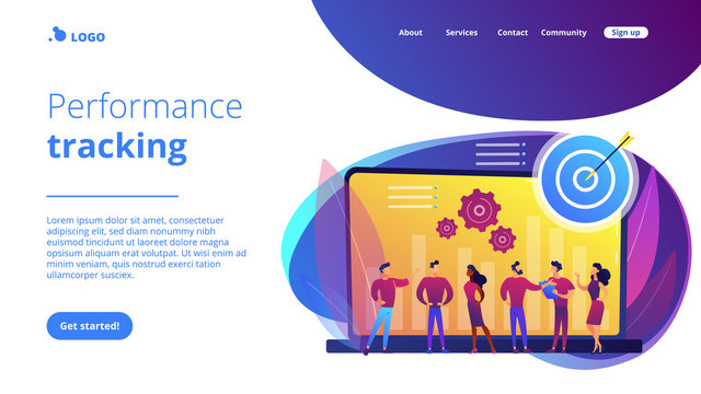 Employees get organizational goals and feedback. Performance management, management software, employee productivity and performance tracking concept. Website vibrant violet landing web page template.