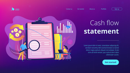 Financial analyst with magnifier looking at cash flow statement on clipboard. Cash flow statement, cash flow management, financial plan concept. Website vibrant violet landing web page template.