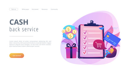 Cardholder with smartphone shopping online and getting cach rewards and checklist. Cash back service, cash back rewards, money back concept. Website vibrant violet landing web page template.