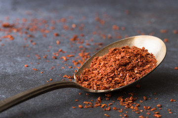 Dried Aleppo peppers on a Vintage Spoon