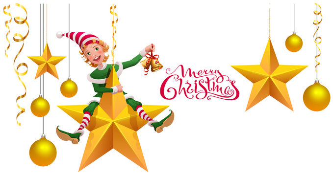 Merry Christmas text greeting card. Green elf leprechaun on star holding Christmas bell