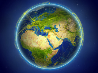 Jordan from space on planet Earth with digital network representing international communication, technology and travel.