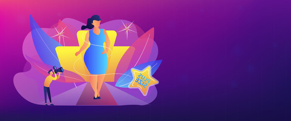 Photographer taking photos of plus size model in runway fashion show. Plus size models, body positive fashion, plus-size clothing modeling concept. Header or footer banner template with copy space.