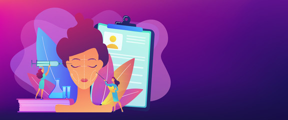 Surgeons with syringe doing facial contouring surgery to woman. Facial contouring, medical face sculpting, facial correction surgery concept. Header or footer banner template with copy space.