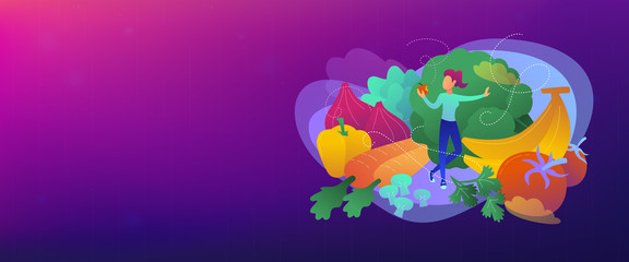 Tablet with bookshelves and students searching and reading information. Digital learning, online database, content storing and searching, ebooks concept, violet palette. Header or footer banner.