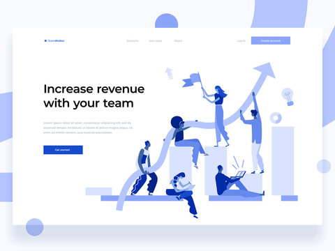 People work in a team and interact with graphs. Business, leadership, workflow management and office situations. Landing page template. Flat vector illustration.