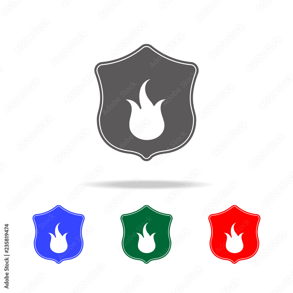 Poster shield fire icon. elements of fireman in multi colored icons. premium quality graphic design icon. s