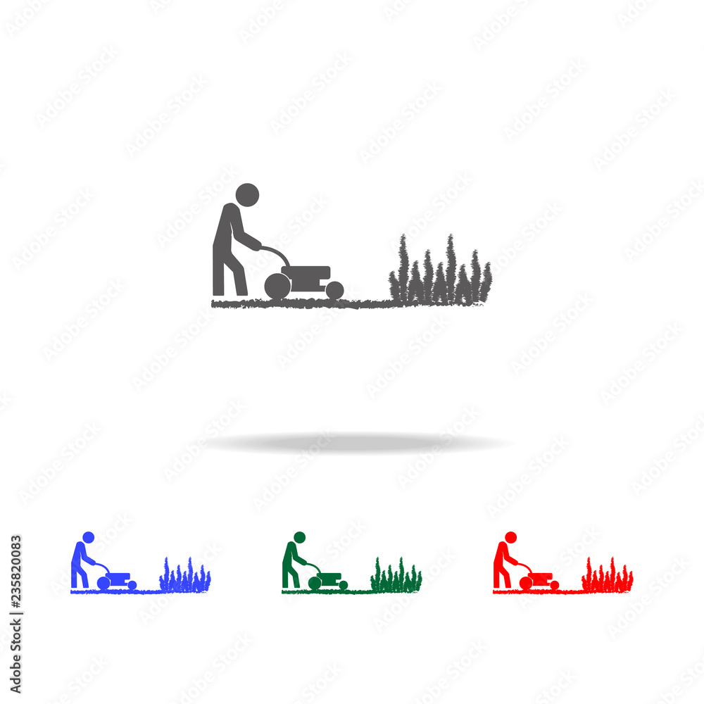 Poster man works with a lawn mower icon. elements of garden in multi colored icons. premium quality graphic