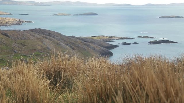 Thight and wide shot with some grass in the first plan and ocean in secont. Footage from Ireland travel.
