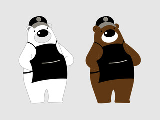 Vector illustration of cute polar bear cartoon character wearing apron on gray background.