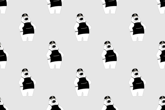 Vector illustration of cute polar bear cartoon character wearing apron on gray background.Seamless background.