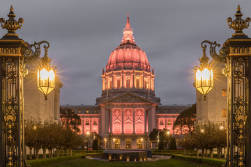 San Francisco City Hall illuminated in Amber in Thanksgiving Eve. Shot from outside the War...