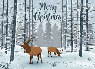 Merry Christmas Winter with Landscape and deer animal
