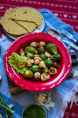 Baked, roasted, grilled vegetables mix assortment with Mexican tacos - corn flat breads. Vegan happy Christmas food lunch on red tablecloth. Vegetarian traditional holiday dinner