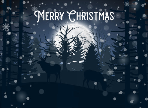 Merry Christmas winter with evening Forest Landscape and deer animal