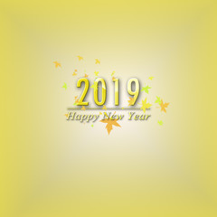 Happy new year 2019 printed in gold letters on lite yellow background with leaves