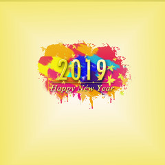 Happy new year 2019 printed on colorfull banner on lite yellow background
