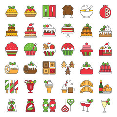 christmas food related icon set such as bakery,wine,biscuit,layered cake decorated with holly, editable stroke
