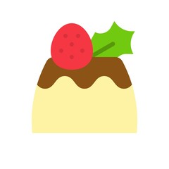 strawberry pudding icon with mistletoe, christmas food set flat style
