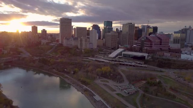 Sunset drone shot of downtown Edmonton, Alberta