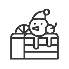 layered christmas cake decoration with snowman head and santa hat.  editable outline