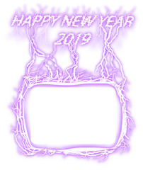 年賀状 クリップアート フォトフレーム 賀詞 Happy new year 2019 稲妻 紫