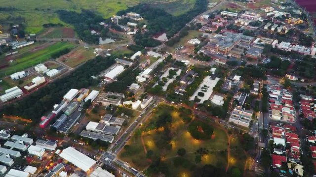 Evening lanscape of city with illuminated lights of Unicamp University of Campinas, Sao Paulo, Brazil