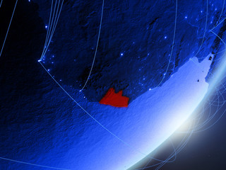 Liberia on green model of planet Earth with network at night. Concept of blue digital technology, communication and travel.