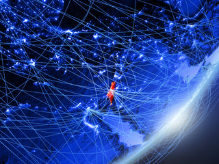 Israel on green model of planet Earth with network at night. Concept of blue digital technology, communication and travel.